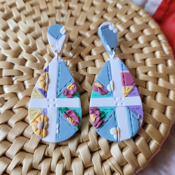 Patchwork Quilt Earrings Polymer Clay Teardrop - Picture 2 of 4